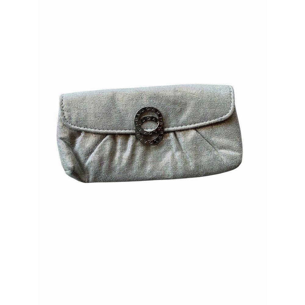 Authentic Bvlgari Parfums Silver Mini Clutch Pouch Cosmetic Bag Dual Ring Logo